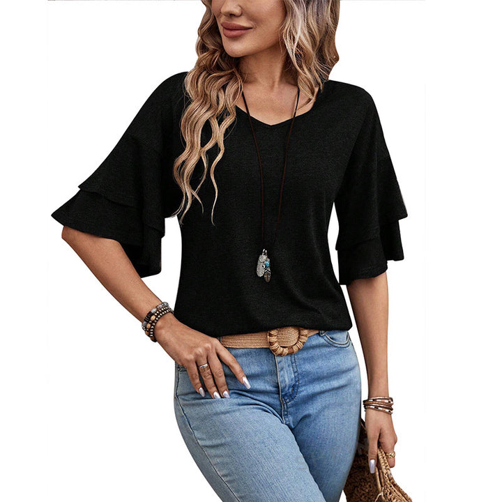 Women's Summer Solid Color And V-neck Loose T-shirt