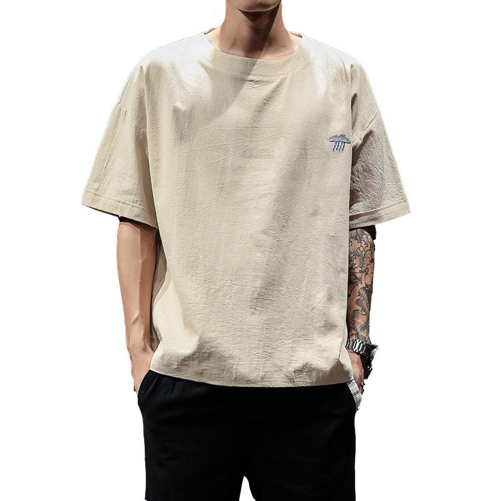 Embroidered Cotton Linen Half Sleeve Top Chinese Style Plus Size Summer Men's Loose TShirt