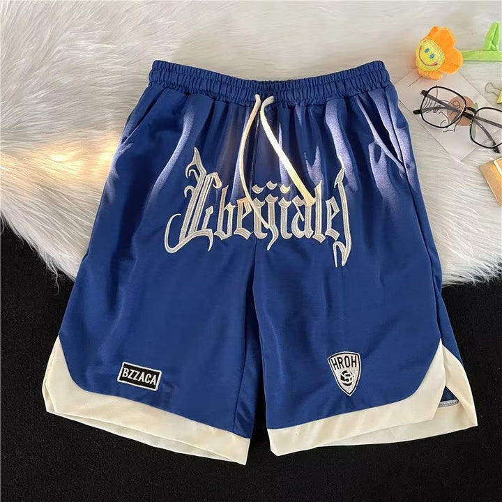 Letter Embroidered Drawstring American Basketball Shorts