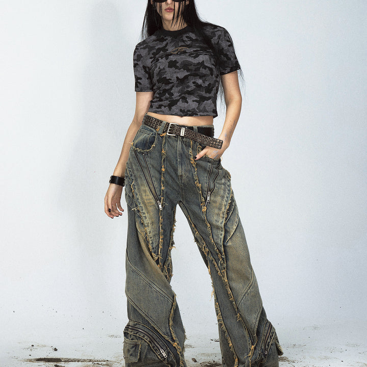 Heavy Industry Destroyed Raw Edge Stitching Jeans Retro Wide Leg Trousers