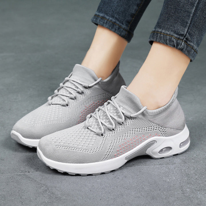 Zapatillas de deporte con cordones y cojín de aire para mujer, zapatos de malla informales transpirables tejidos voladores para verano