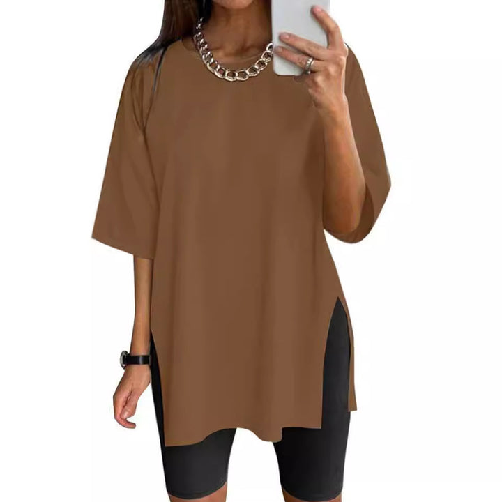 Women's Solid Color Split Short-sleeved T-shirt Round Neck Loose Top