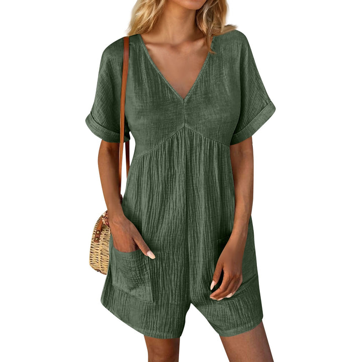 European And American Fashion Solid Color And V-neck Loose Bat Sleeve Pocket Zipper Short Sleeve Jumpsuit