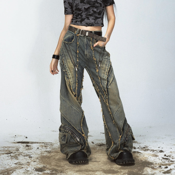 Heavy Industry Destroyed Raw Edge Stitching Jeans Retro Wide Leg Trousers