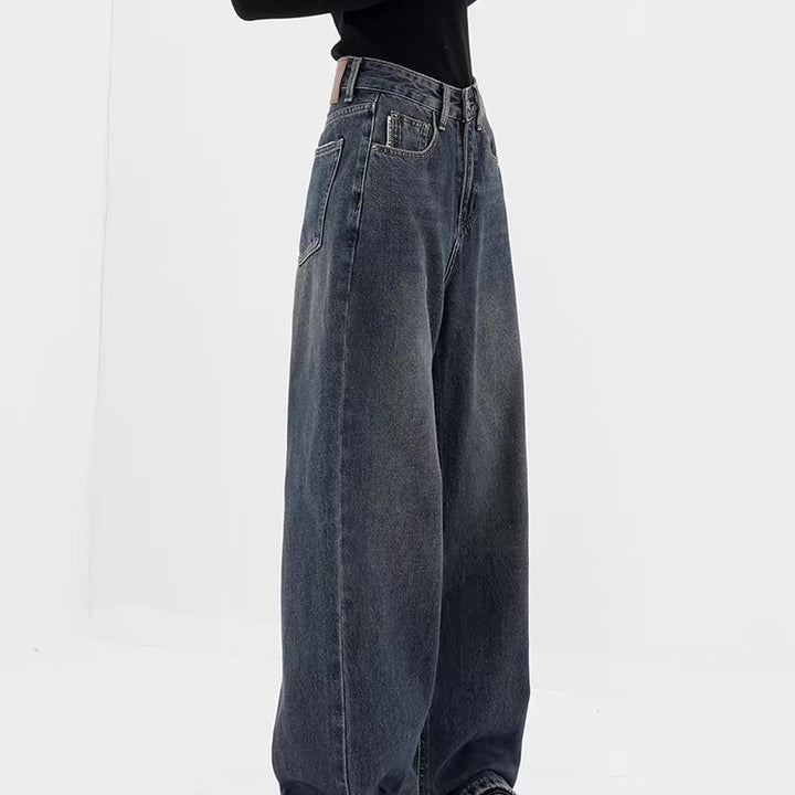 Retro Dunkelblaue Jeans mit weitem Bein und gerader Hose