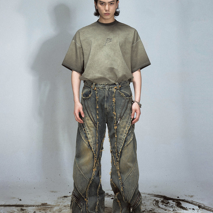 Heavy Industry Destroyed Raw Edge Stitching Jeans Retro Wide Leg Trousers