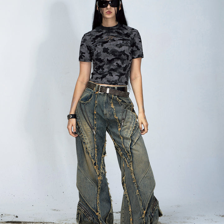 Heavy Industry Destroyed Raw Edge Stitching Jeans Retro Wide Leg Trousers