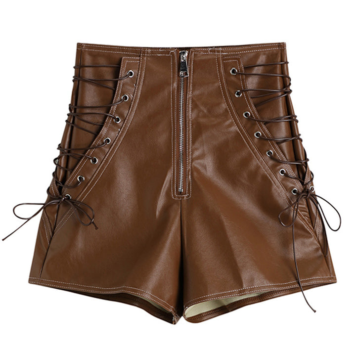 Retro-Shorts aus PU-Leder mit hoher Taille und Schnürung für Damen