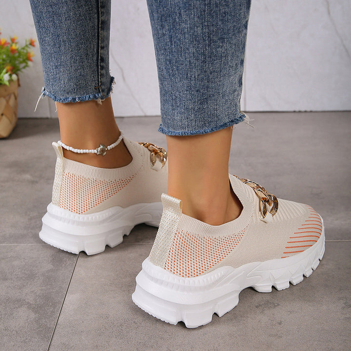 Zapatos de malla con diseño de cadena a la moda para mujer, calcetín para caminar con suela suave informal transpirable, zapatos planos sin cordones